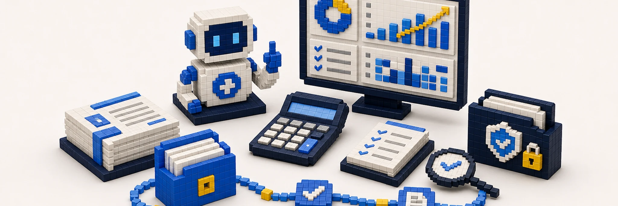 3D pixel-style accounting AI agent analyzing numbers and finance reports
