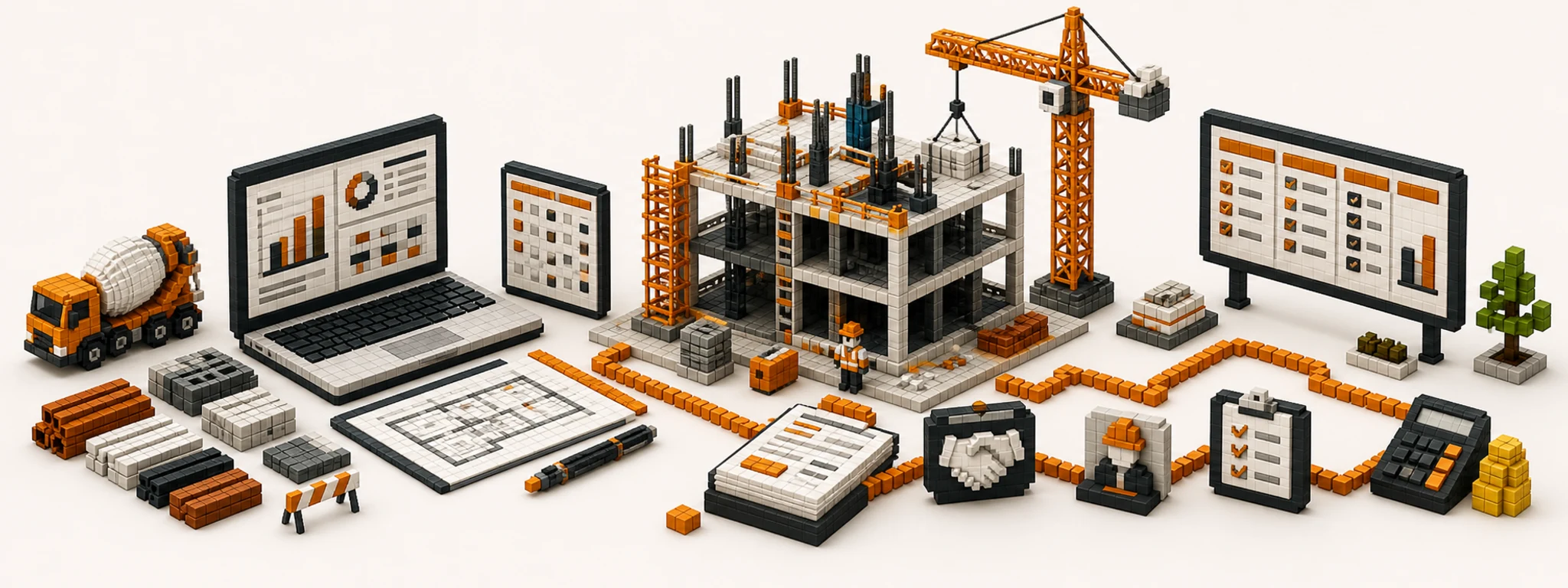 3D pixel-style construction site with project planning, progress tracking and billing automation