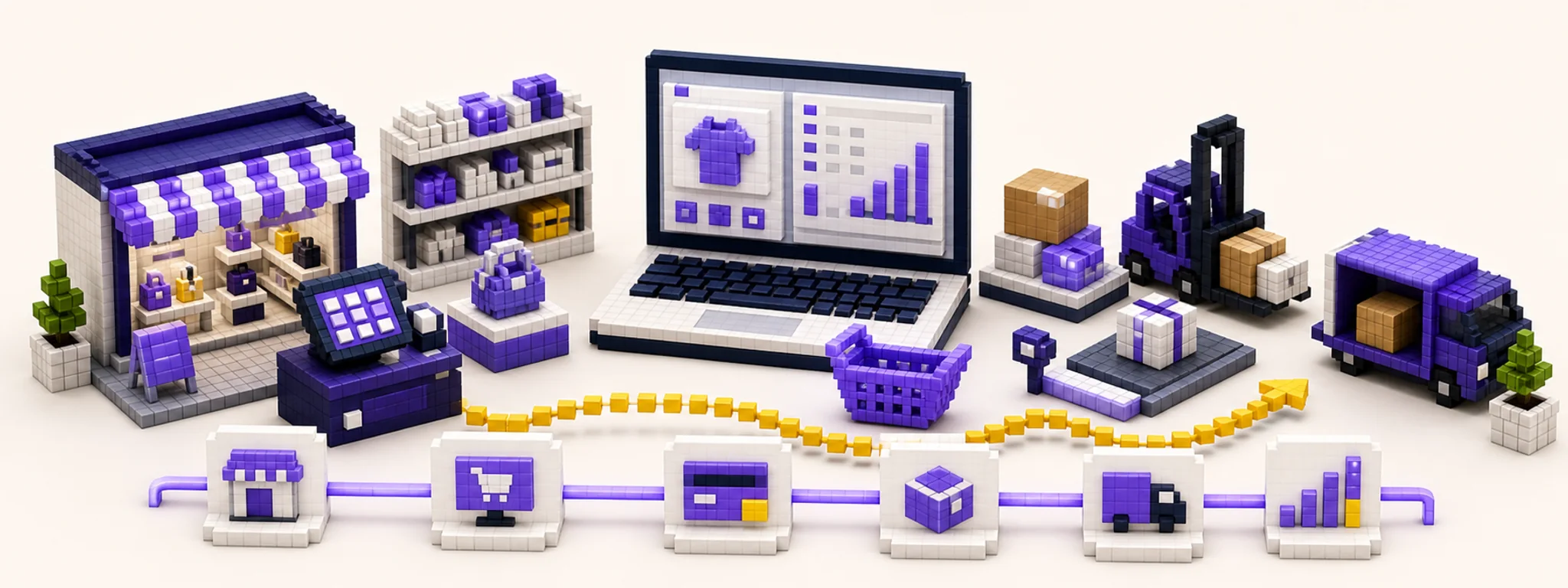 3D pixel-style retail store and e-commerce automation workspace