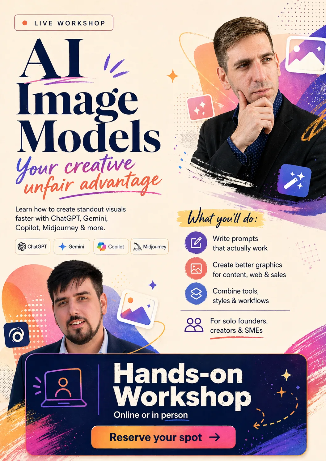 AI Image Models: Your Creative Unfair Advantage. Hands-on Workshop mit Lukas Huber & Nathaniel Kirby.